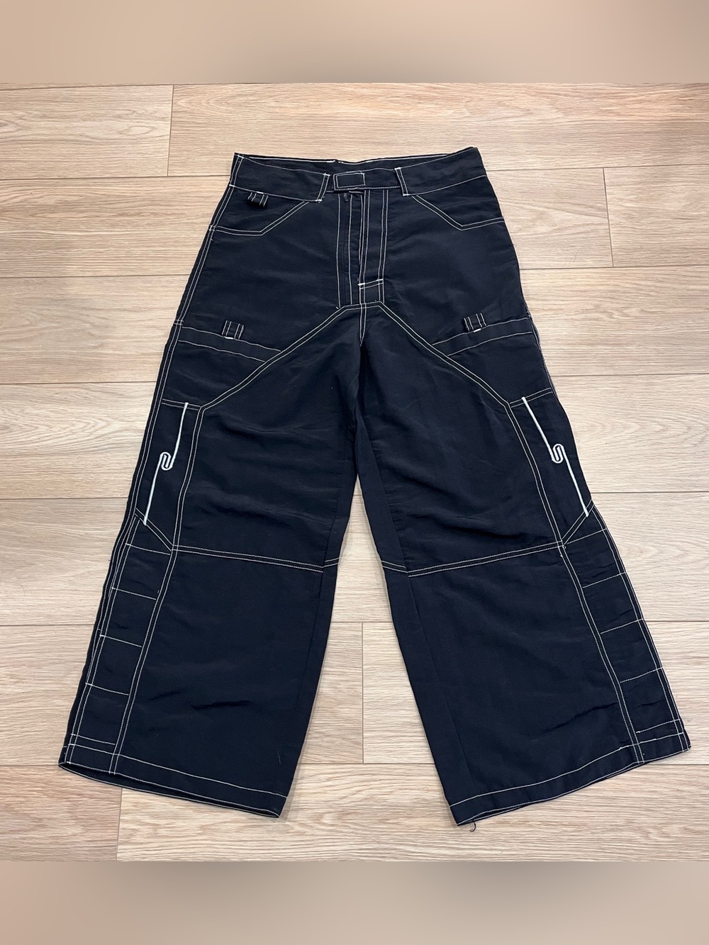 SN8 Industries Y2K Black Contrast Stitch Wide Leg Cargo Pants Punk Grunge